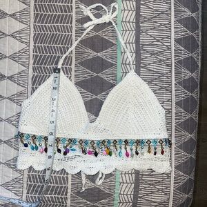 Romwe Beaded Crotchet White Adjustable Top Size M